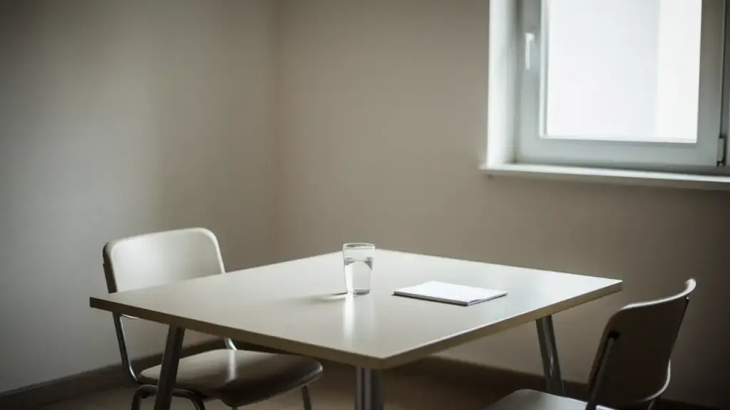 An empty interview room with two chairs, a water glass and a blank notepad