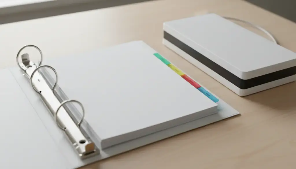 An open ring binder of tabbed dividers and filed sheets beside a flatbed scanner