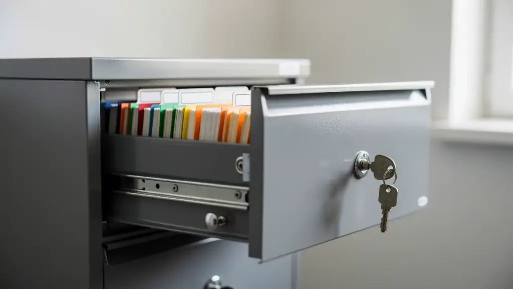 A records cabinet drawer part open showing labelled hanging folders