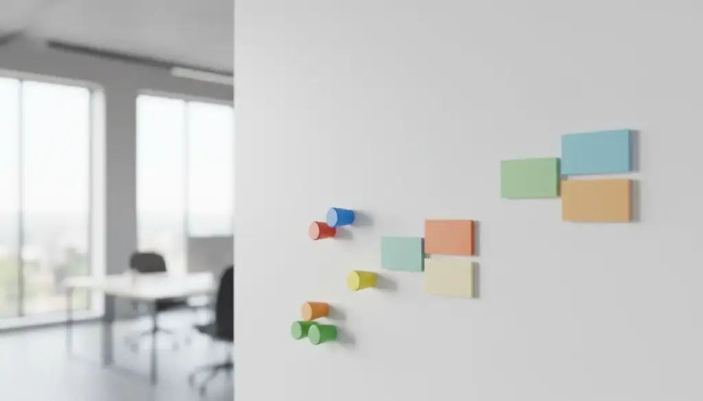 A blank weekly scheduling board with coloured magnets on an office wall